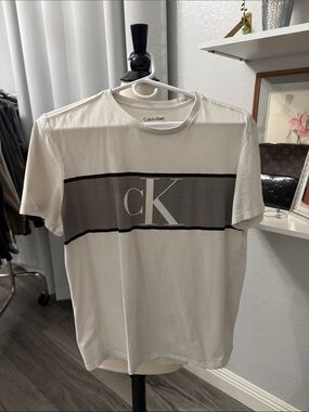 Calvin Klein White T-Shirt with Gray CK Stripe Small
